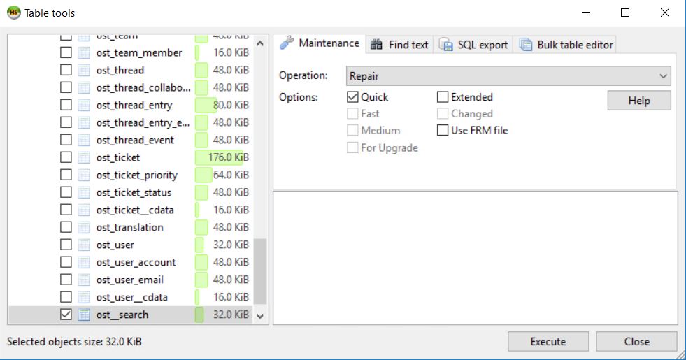 HeidiSQL table maintenance window